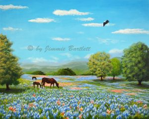 Bluebonnet Fields In Texas With Horses