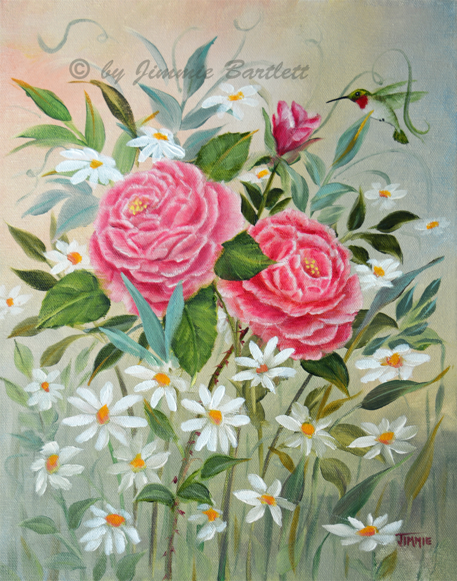 Red Roses And A Hummingbird Oil Painting Web